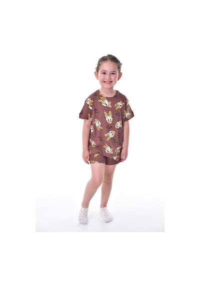 %100 Pamuk Interlok Kumaş Kısa Kollu Şortlu Kız Çocuk Pijama Takımı 3,4,5,6,7,8 Yaş Kahverengi