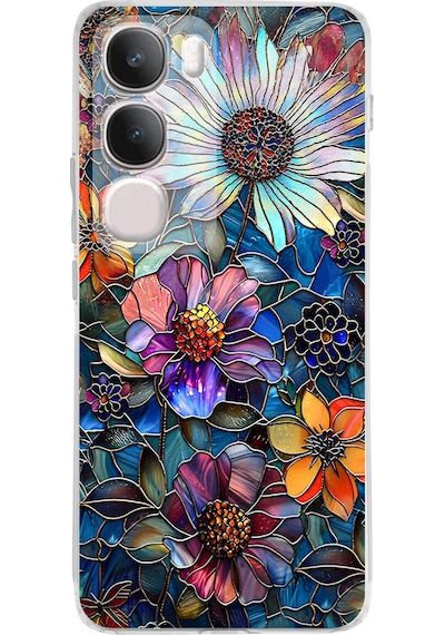 Printify Vivo Y19s İle Uyumlu Vitray Mücevher Flora Tasarımlı Şeffaf Silikon Kılıf Şeffaf