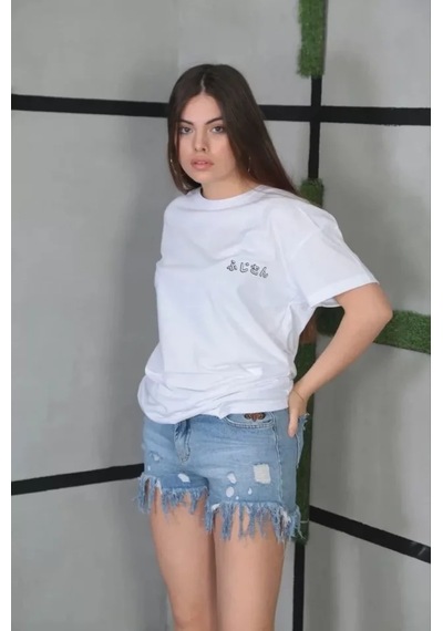 Dogutrend Unisex Bisiklet Yaka Baskılı Oversize T-shirt- Beyaz