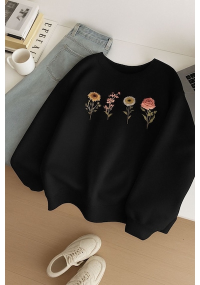 Benroma 3 İplik Penye Çiçek Baskılı Unisex Sweatshırt SIYAH