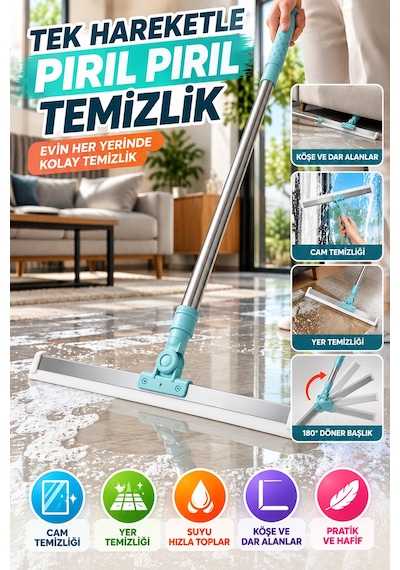 180 Döner Başlıklı Teleskopik Yer Sileceği 35 Cm Cam Banyo Mutfak Zemin Su Çekme Aparatı Pratik Mop