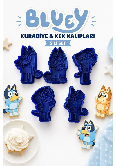 Bluey Karakterleri Kurabiye Kalıbı 5 Li Set Oyun Hamuru Ve Şeker Hamuru Kalıbı Açık Mavi