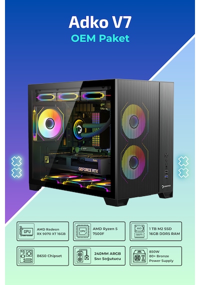 IH ADKO V7 R5-7500F 16 GB 1 TB SSD 16 GB RX9070XT Free Dos Oem Paket Masaüstü Oyuncu Bilgisayarı