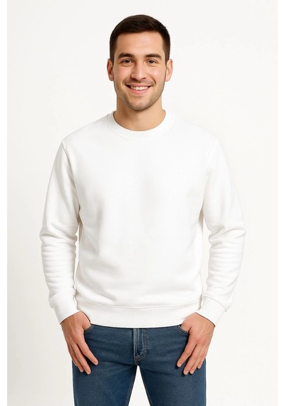 Barlashive Erkek 3 İplik Pamuklu Düz Bisiklet Yaka Sweatshirt - Beyaz Çok Renkli