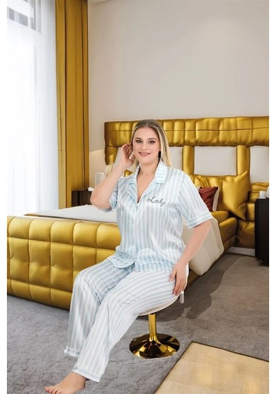 Atyticaret Kadın Büyük Beden Şık Tasarım Mavi Çizgili Düğmeli Kısa Kol Lüx Saten Pijama Takımı