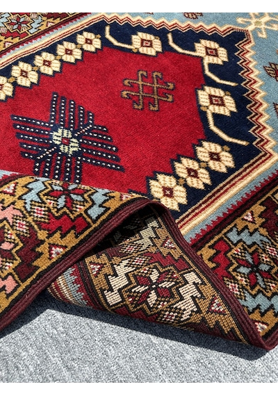 El Dokuma Yağcıbedir Halısı 85x140 Turkuazlı Kök Boya Yün Halı Turkuaz