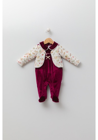 Babyhola Kadife Patikli Kız Bebek Tulum 0-12 Ay Retro Ceketli Görünümlü Hediyelik Nostaljik Bayramlık 13433 Bordo