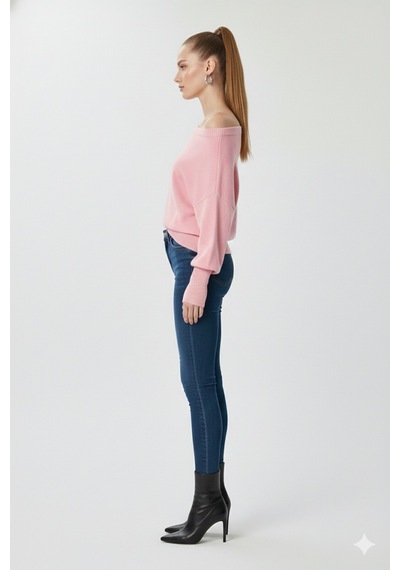 Fiolin Omuzu Açık Off Shoulder Triko Kazak Pembe