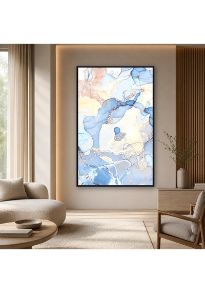 Mavi Pudra Krem Altın Mürekkep Siyah Çerçeveli Cam Tablo