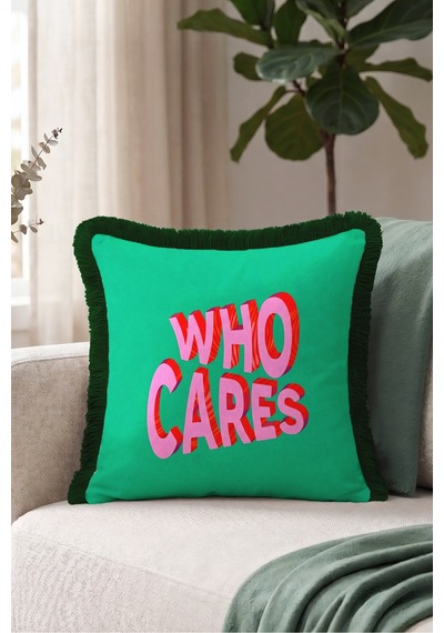Who Cares Yazılı Pop Art Saçaklı Yastık Kılıfı - Slogan Temalı Yeşil Siyah Püsküllü Kırlent Kılıfı Serin Yörünge Aura Who Cares Yazılı Pop Art Saçaklı Yastık Kılıfı - Slogan Temalı Yeşil Siyah Püsküllü Kırlent Kılıfı Serin Yörünge Aura