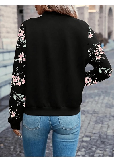 Siyah Çiçek Desenli 3 İplik Bomber Ceket Fermuarlı Mevsimlik Şık Model Siyah