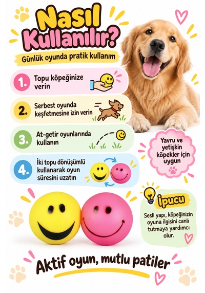 Happy Pet Smiley Ball Gülen Surat Desenli Sesli Köpek Oyuncağı 2 Li Paket