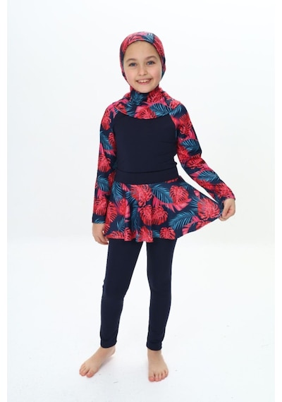 My Kids Wear Üç Parça Kız Çocuk Haşema, Tesettür, Etekli, Kapalı Mayo Kırmızı - Lacivert
