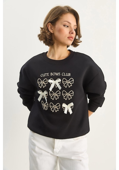 Shade Kadın Fiyonk Nakışlı Kurdele Aksesuarlı Üç İplik Şardonlu Sweatshirt 60601048 - Siyah