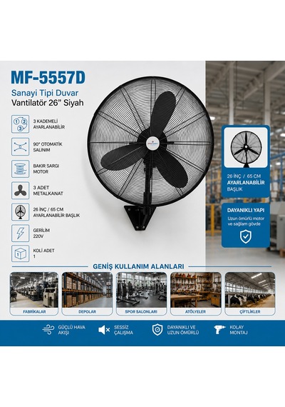 Sanayi Tipi Duvar Vantilatörü 3 Kademeli Metal Pervane 220v