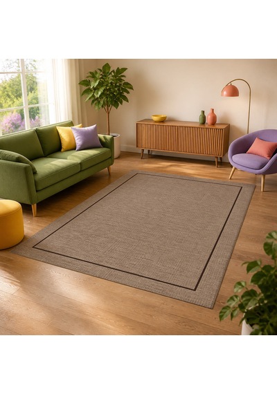 Kartela Halı Sisal Görünümlü Minimal Çerçeveli Halı Kahverengi Kaymaz Taban 120x180 Cm