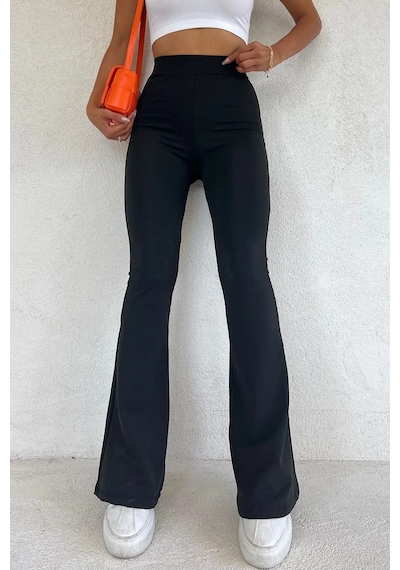 Unika Boutique Kadın Siyah Ispanyol Paça Dalgıç Kumaş Yüksek Bel Toparlayıcı Tayt Pantolon Siyah-vv2257