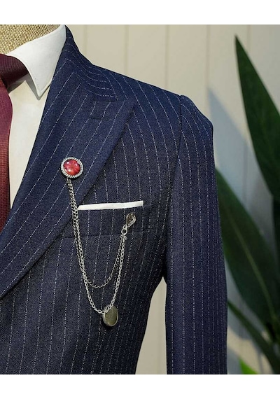 Bys Beystil Sivri Yaka Lacivert Çizgili Kruvaze Takım Elbise Togo - Slim Fit