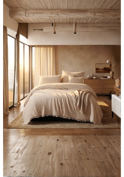Natura Soft Ekru 4 Kat Müslin Çift Kişilik Yatak Örtüsü 220x230 Cm %100 Pamuk Çok Amaçlı Koltuk Örtüsü Ve Tv Battaniyesi Ekru