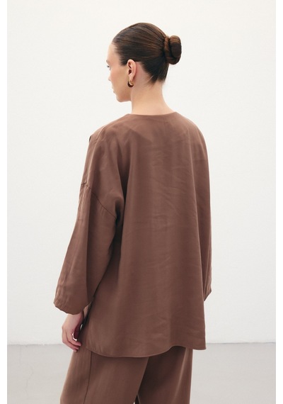 Sateen Düğmeli Kimono - Kahve-136354 Kahve