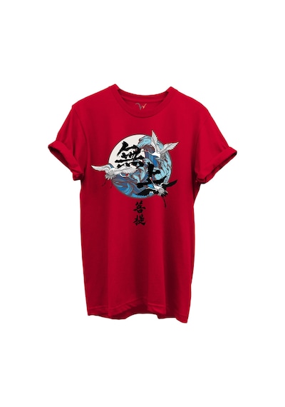 Japon Sanatı Stilinde Turna Kuşları Ve Dalga Desenli %100 Pamuk Regular Fit Unisex T-shirt Kırmızı