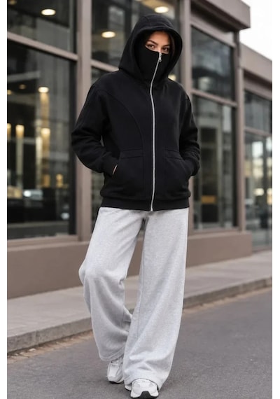 Butik İstanbul Maskeli Ninja Model Çift Kapüşonlu 3 İplik Şardonlu Fermuarlı Oversize Sweatshirt - Siyah
