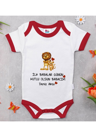 Bk Gift Bk Kids Kişiye Özel İlk Babalar Günü Tasarımlı Kırmızı Bebek Body Zıbın-3 Çok Renkli
