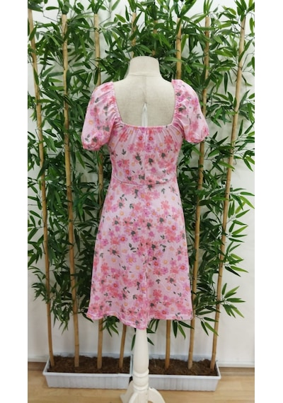 Sinemonline Kadın Kısa Kollu Mini Çiçek Baskılı Bağcık Detay Süprem Midi Boy Elbise Pembe