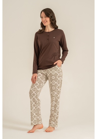 Pierre Cardin Kadın Kahverengi Uzun Kol Nakışlı Pijama Takım Pc9275-s-v1 Pc9275-s-v1
