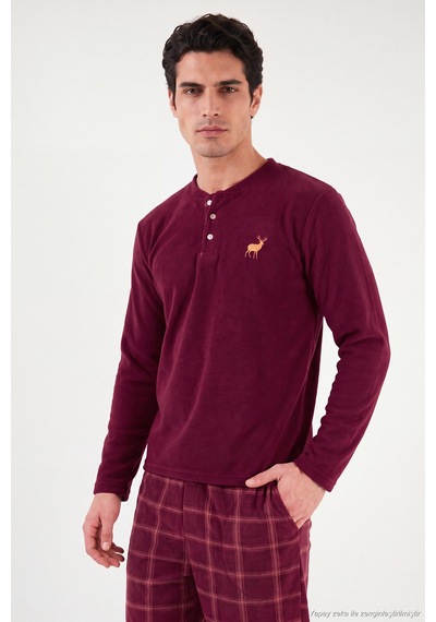 Buratti Ekoseli Düğmeli Bisiklet Yaka Yumuşak Polar Pijama Takımı Erkek Pijama Takımı 6097019 Bordo