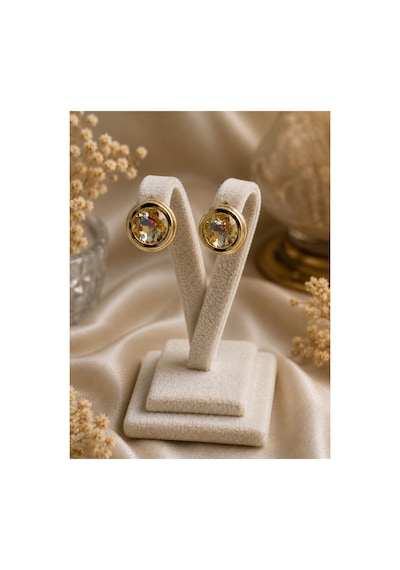 Rosen Sarı Gold Detaylı Zirkon Taşlı Vintage Görünümlü Şık Modern Kadın Küpe