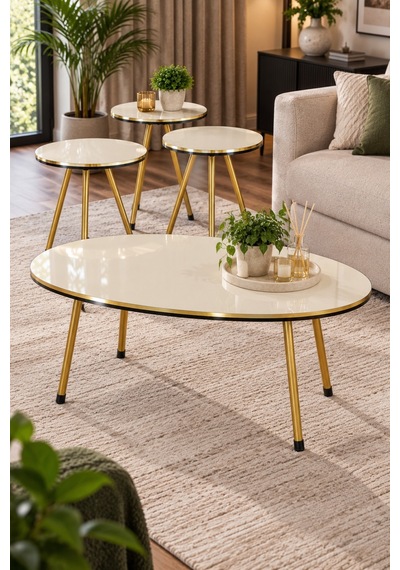 Sulorahome Gold Metal Ayaklı 4'lü Sehpa Seti Krem Altın - Krem