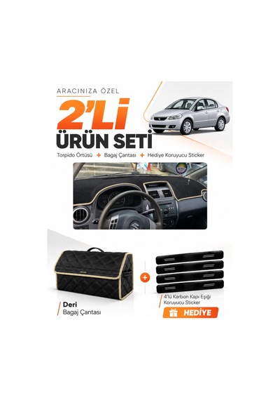 Suzukı Sx-4 2006-2014 Uyumlu Torpido Örtüsü + Deri Bagaj Çantası + Sticker Seti - Siyah Bej