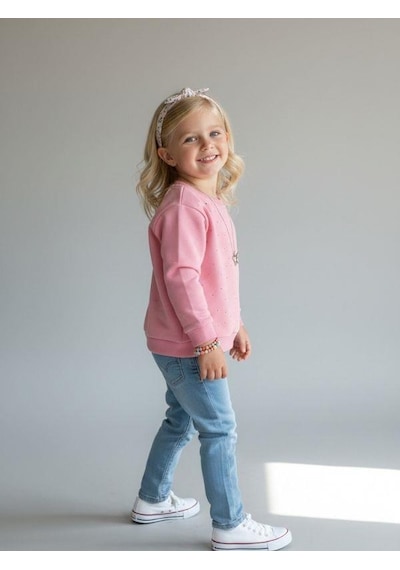 Kız Çocuk Pamuklu Taşlı Sweatshirt-16747 Pembe