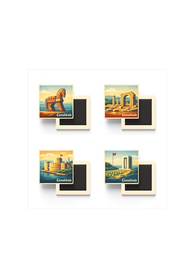 Çanakkale - 4'lü Memleket Seti - Baskılı Buzdolap Magneti Kare - 9x9 Cm - 4 Adet
