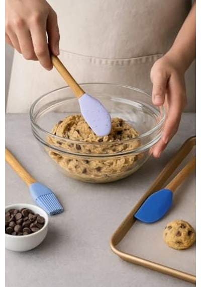 Tr 5'li Mini Silikon Uçlu Bambu Saplı Mutfak Spatula Seti - Yanmaz Yapışmaz Karıştırıcı, Fırça Ve Hamur Kaş Diğer