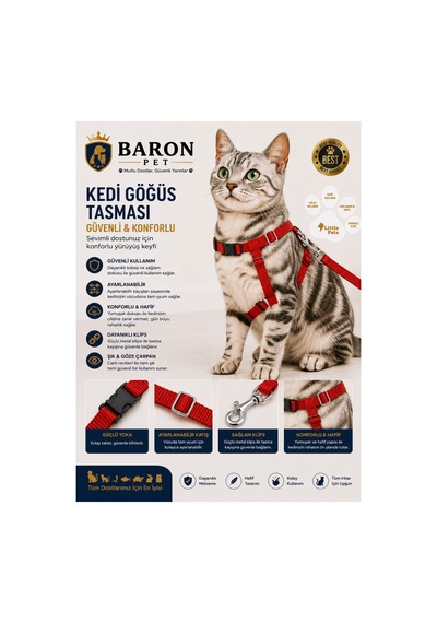 Kedi Göğüs Tasması Ve Gezdirme Kayışı Seti Kırmızı Düz Ayarlanabilir