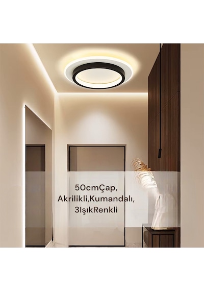 50cm Akrilikli Yuvarlak Kumandalı,dimli 3 Işık Renkli Led Tavan L Beyaz - Siyah