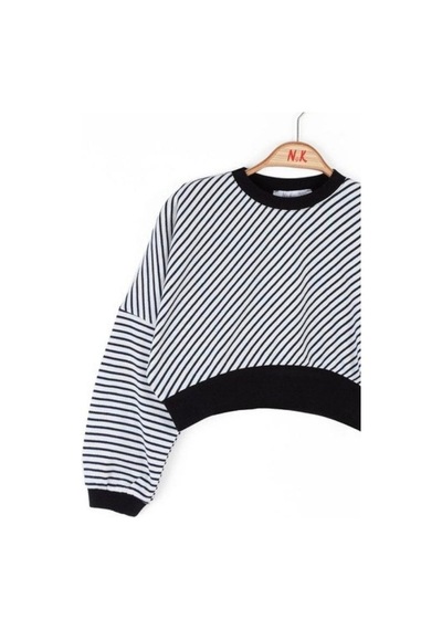 Kız Çocuk Pamuklu Çizgili Crop Sweatshirt-14715 Siyahbeyaz