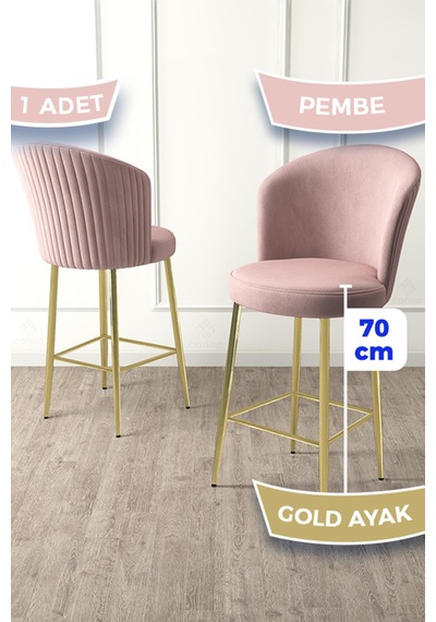 Canisa Fora Serisi 1 Adet Gold Kaplama Metal Ayaklı Babyface Kumaş Pembe Bar Sandalyesi Pembe Sandalye Gold Ayak