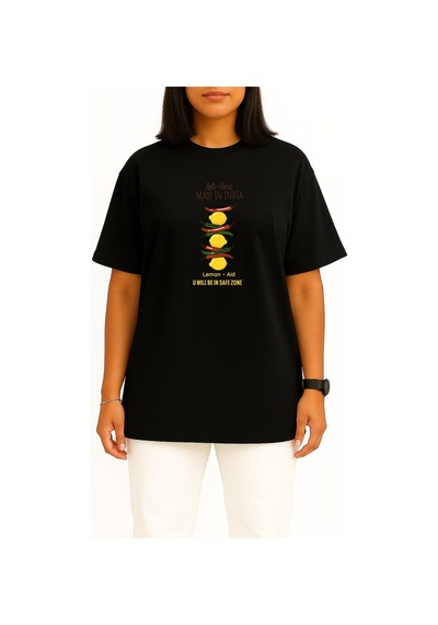 Bahriyeli Collection Oversize Antivirus Made İn İndia Limon Ve Aid Göğüs Baskılı Unisex T-shirt Siyah