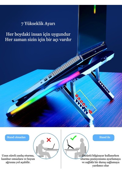 Rgb Işıklı 10 Fanlı Lcd Ekranlı Notebook Laptop Soğutucu Yükseklik Ayarlı 9-17 İnç 2 Usb Girişli Soğutucu