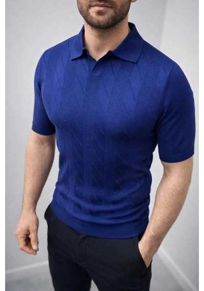 Erkek Yazlık Triko Dokuma Tişört Kısa Kol Polo Yaka T-shirt - Lacivert
