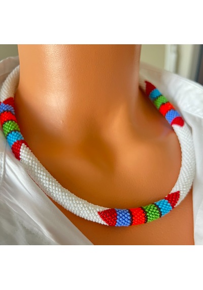 Chichibeads Saf Beyaz Renkli Boncuk Örgü Kolye Bileklik Set Beyaz - Kırmızı