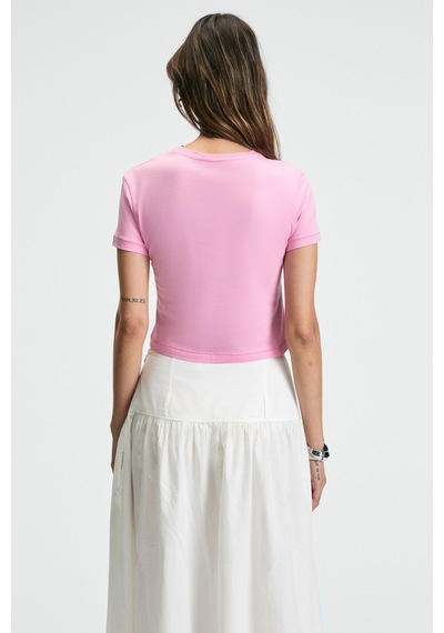 Ethıquet ZERAYA Kadın Bisiklet Yaka Kısa Kollu Önde Nakış Detaylı Crop Pembe T-Shirt