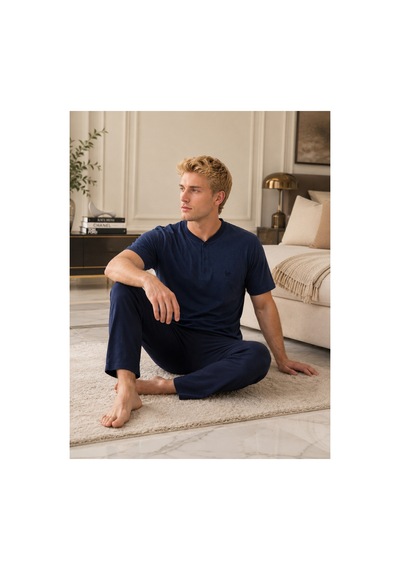 Pijamask Erkek İndigo Mavi Düğmeli Yaka Dokulu Pamuklu Uzun Pantolonlu Pijama Takımı Rahat Ev Giyim İndigo Mavi