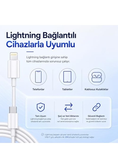 Type-c To Lightning Şarj Kablosu 1 Metre, 30w Hızlı Şarj Ve Veri Aktarımı, Güçlendirilmiş Konektör Ucu, Lightning Girişli Cihazlarla Uyumlu, Beyaz Sarj Kablosu Yeni Nesil