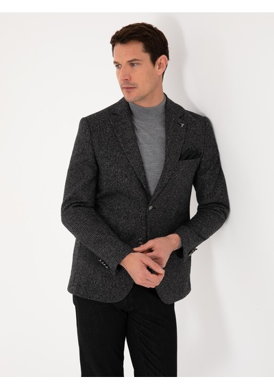 Cacharel Siyah Slim Fit İpek Kaşmir Karışımlı Mikro Desenli Blazer Ceket