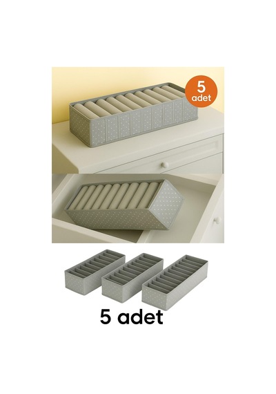5 Adet Puantiyeli - Medium 11 Gözlü Çekmece Içi Düzenleyici Organizer Kumaş 40 X 30 Gri Tr Diğer