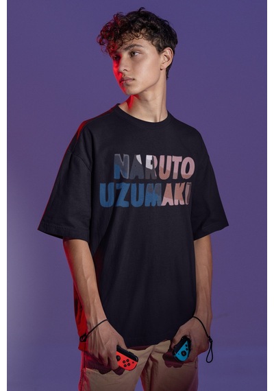 Naruto Uzumaki Sırt Baskılı Unisex Oversize Anime Tişört Siyah